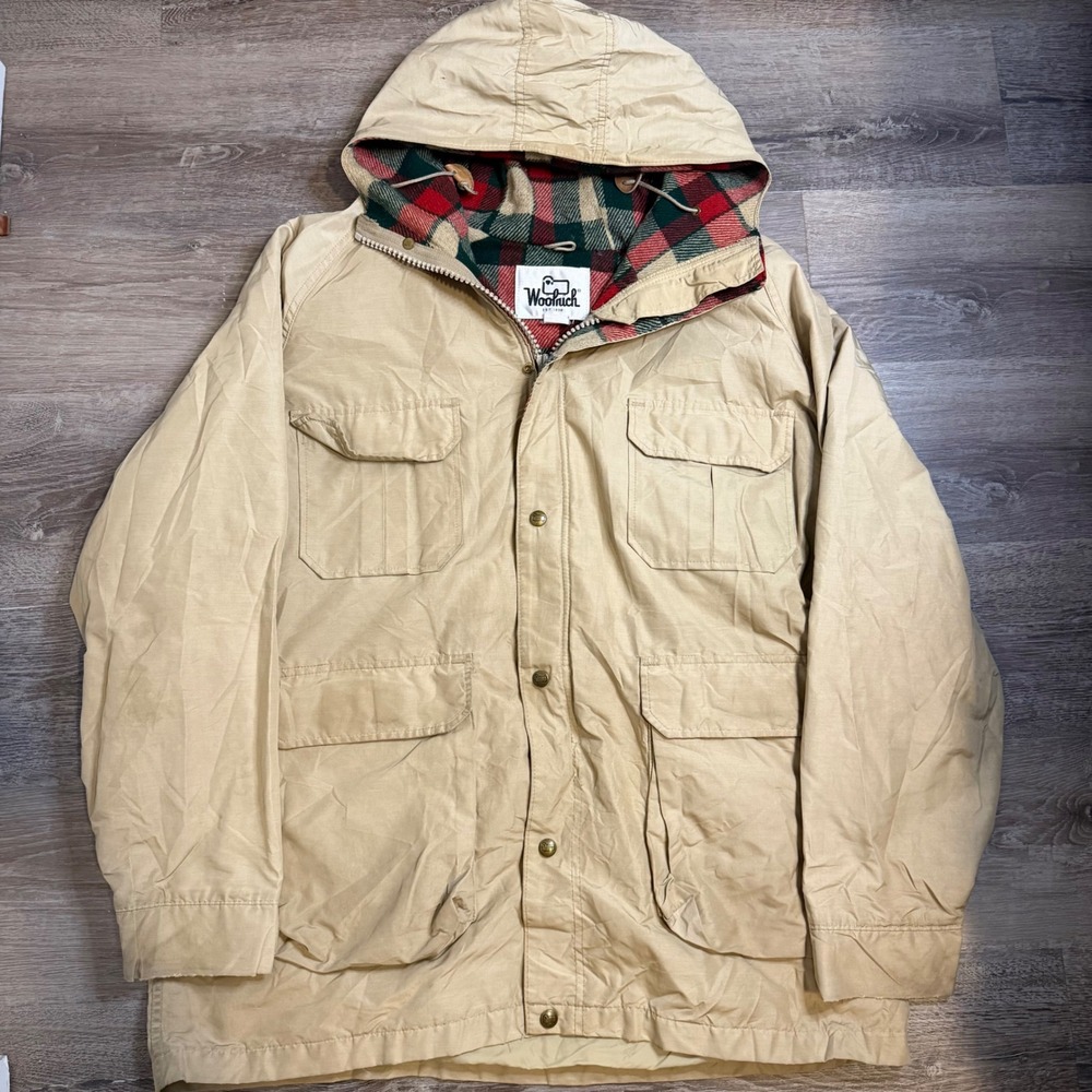 Vintage Woolrich Mountain Parka Jacket Tan Plaid Lined Hooded Mens XL Utility